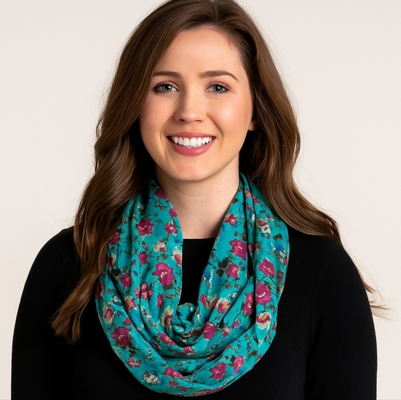 Soft Infinity Scarf Women’s Cozy Winter Fall Fashion Teal Floral - Picture 1 of 3
